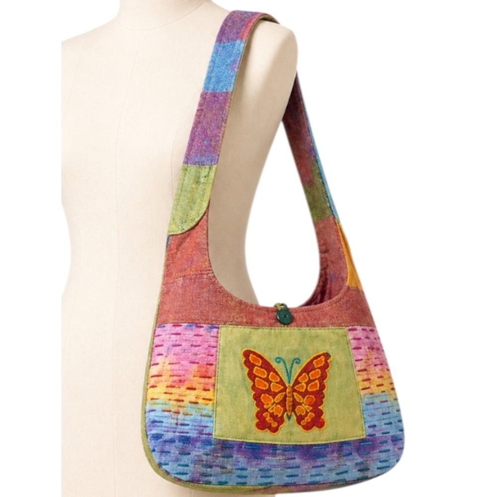 Kathmandu Imports Patchwork Butterfly Hobo Bag Cotton Razor Cut Boho Nepal Multi